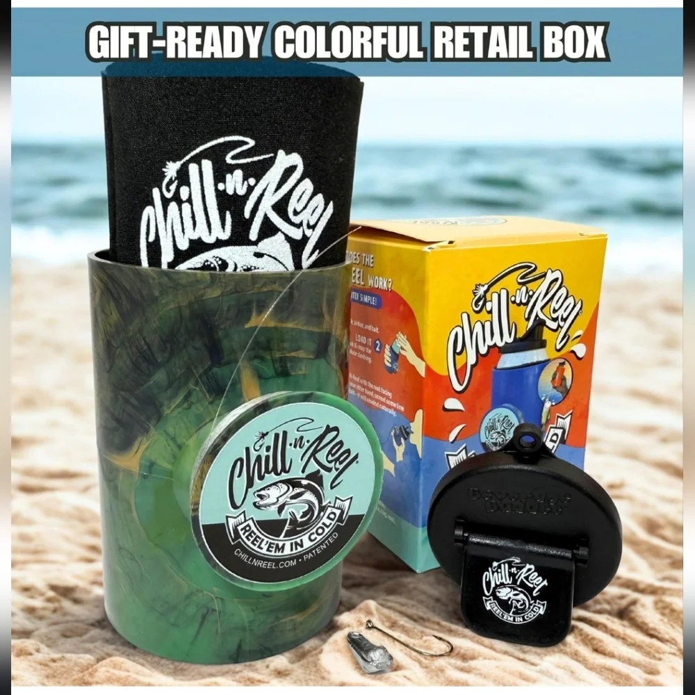 Chill-N-Reel Can Cooler Fishing Rod Shark Tank Beverage Koozie Camo NWOT - Picture 4 of 14